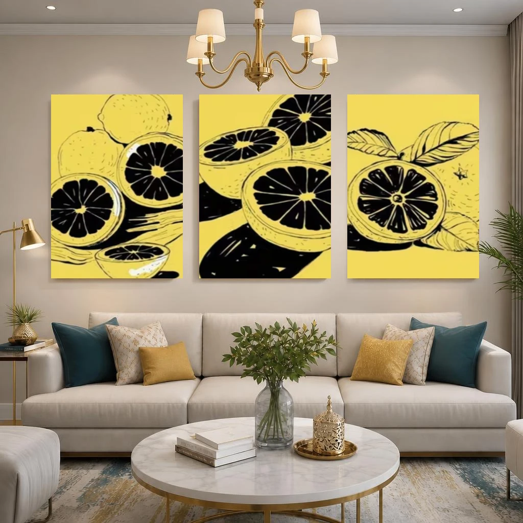 2D Flat, 3pcs Modern Minimalist Lemon Slices Wall Art Prints - Yellow & Black Suitable for Kitchen, Dining Room Decor, Framel