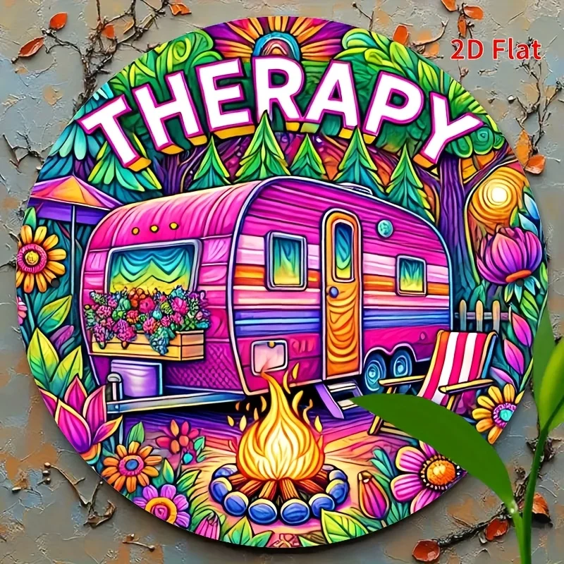 2D Flat, 1pc Vintage Camper Van & RV Wall Decor - Heavy-Duty Iron Retro 1960s-70s Psychedelic Trailer Sign with Text, 7.87