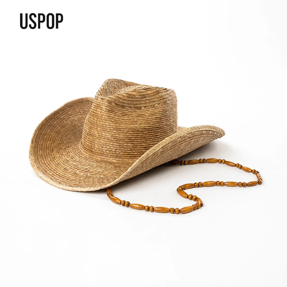 USPOP Handmade Palm Leaf Cowboy Hat Wide Brim Upturned Sun Hat with Wooden Bead Chain Summer Beach Travel Outdoor Straw Hat
