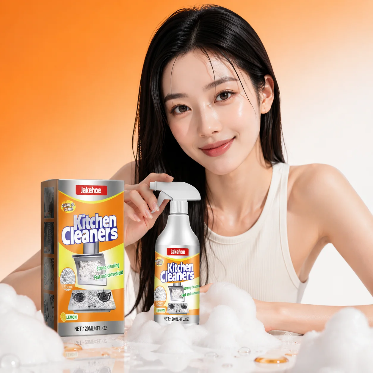 Jakehoe Kitchen Cleaners Oil Stain Removal Foam Cleaning Fresh Lemon Scent Dissolve Tough Grease Gentle On Hands Foam Cleaner