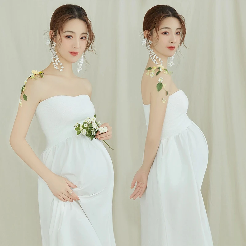 Maternity Women Photography Props White Elegant Pregant Tube Top Dress Pregnancy Dresses Studio Photoshoot Photo Dress