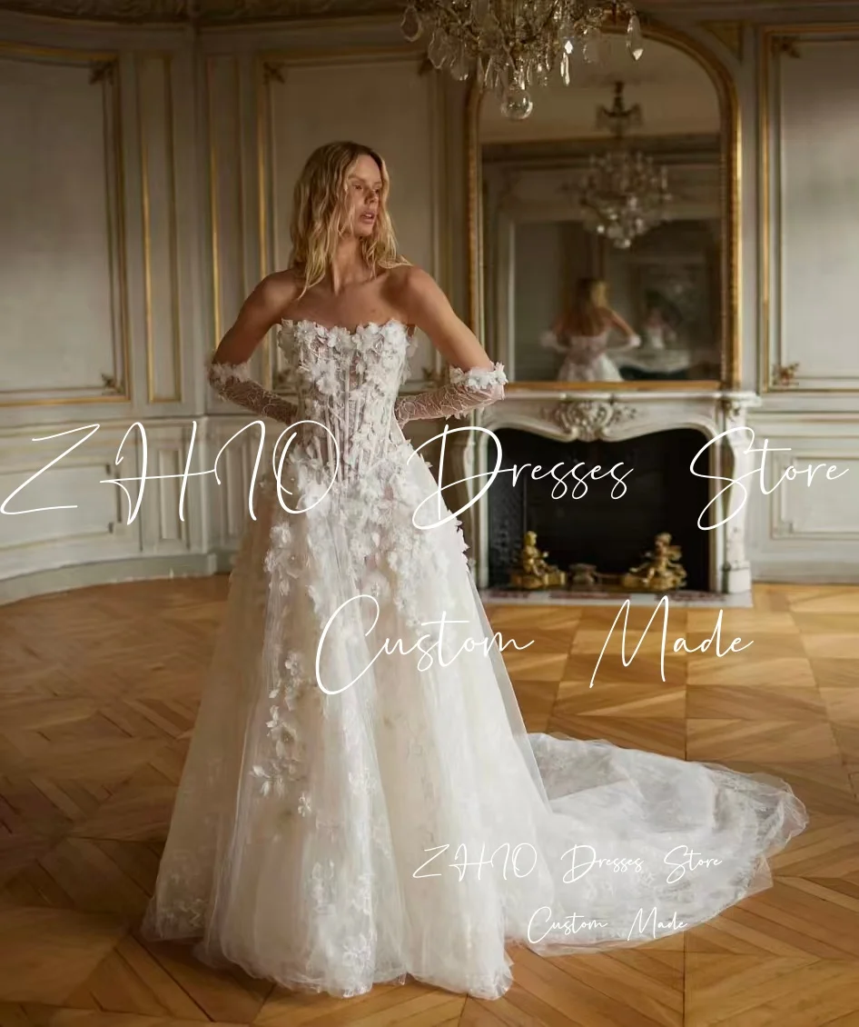 ZHIO Luxury 3D Flowers Wedding Dress Strapless A-Line Sweep Train Ivory Tulle Bridal Gown Customized Princess Vestidos De Novia