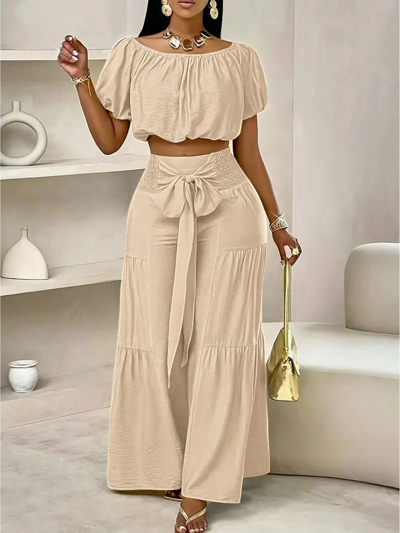 

Women Summer Casual Solid Color Off Shoulder Top High Waist Drawstring Wide Leg Pants 2 Piece Set