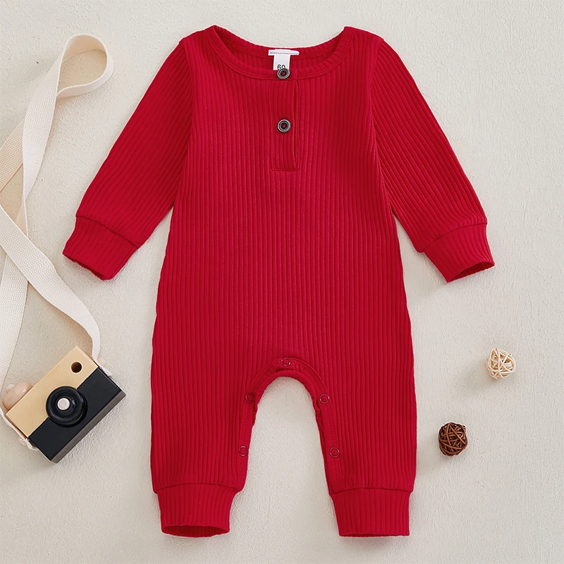 Pudcoco Infant Baby Girl Boy Fall Red Romper Solid Color Ribbed Button Long Sleeve Crew Neck Full Length Jumpsuit 0-18M