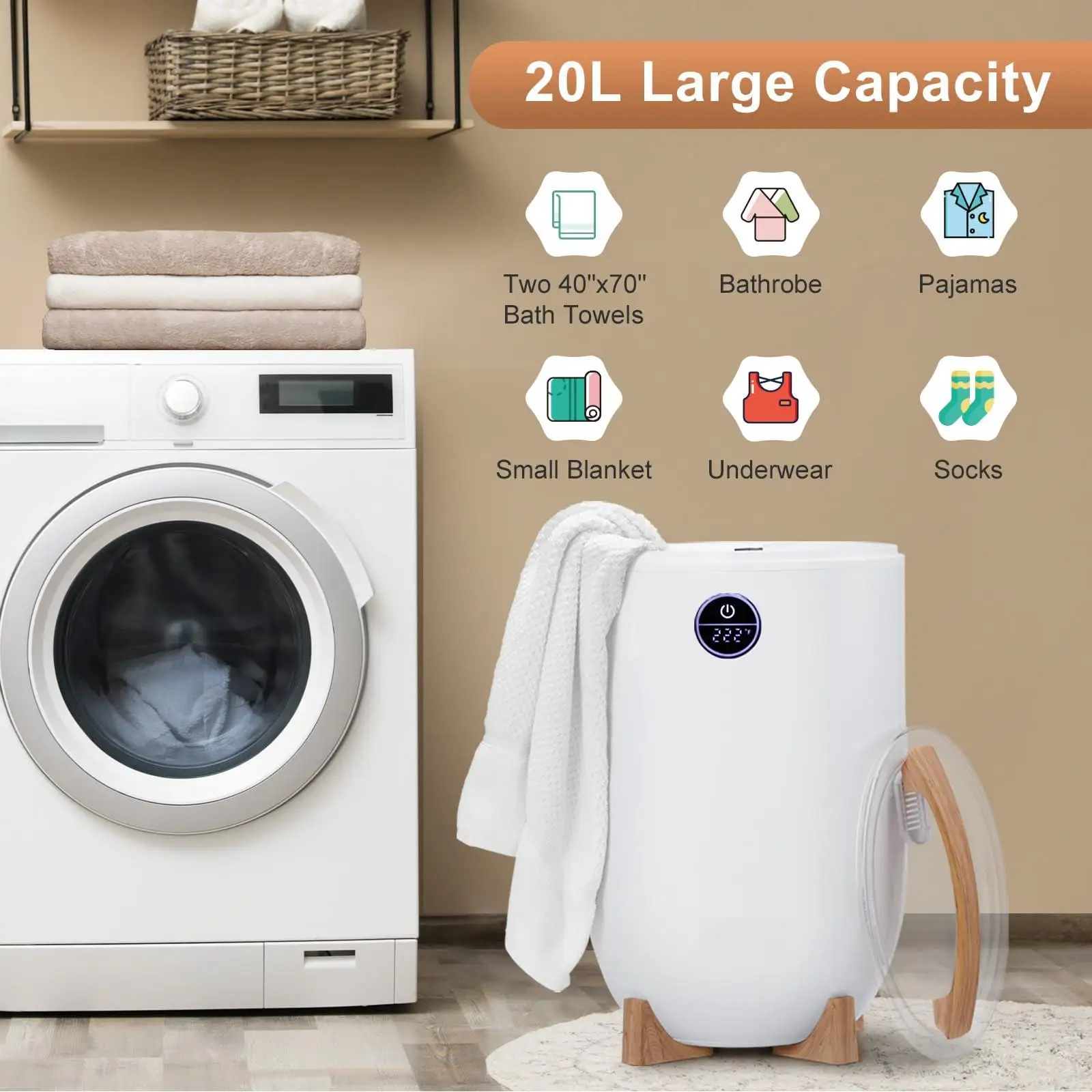 

Multi-Stage Timer Large Towel Warmer Touch Screen Modern Design Electric Heating White Surface Bucket for Hotel Bathroom Gym Use