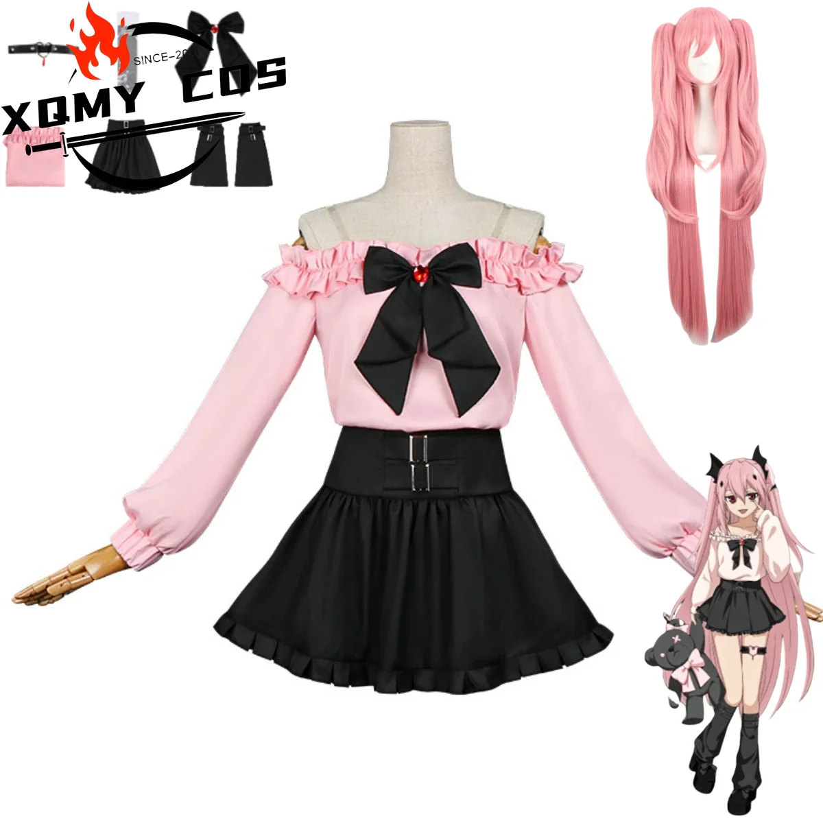 

XQAnime Seraph of The End Krul Tepes Косплей Костюм Розовый с длинными рукавами Рубашка с открытыми плечами Юбка Парик Женский сексуальный повседневный костюм для отдыха