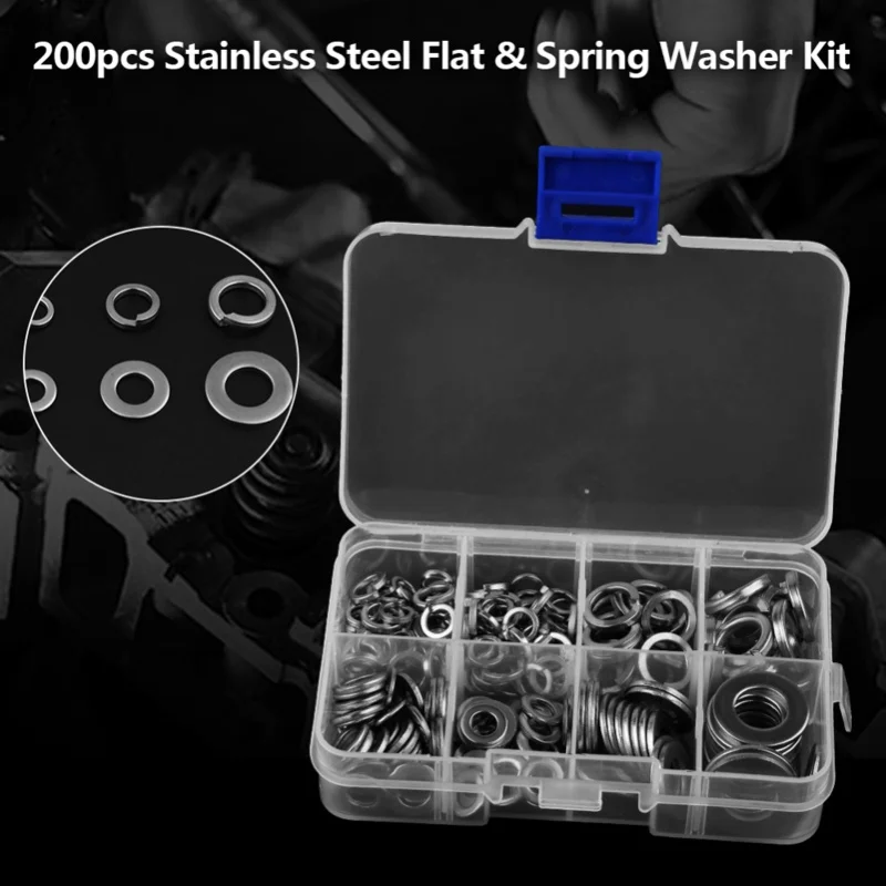 

Набор из 200 шт. плоских и пружинных шайб из нержавеющей стали M5 M6 M8 M10 с инструментом для фиксации и коробкой