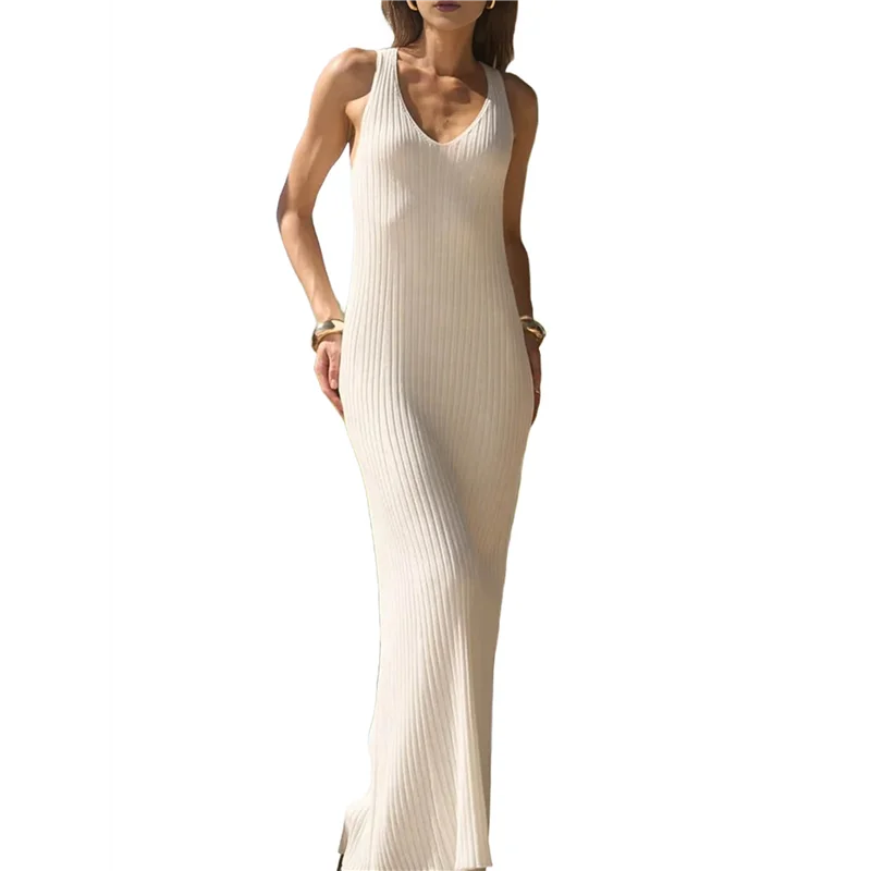 ABRT-여성 2025 여름 봄 V넥 니트 미디 드레스 바디콘 캐주얼 민소매 골지 스웨터 드레스