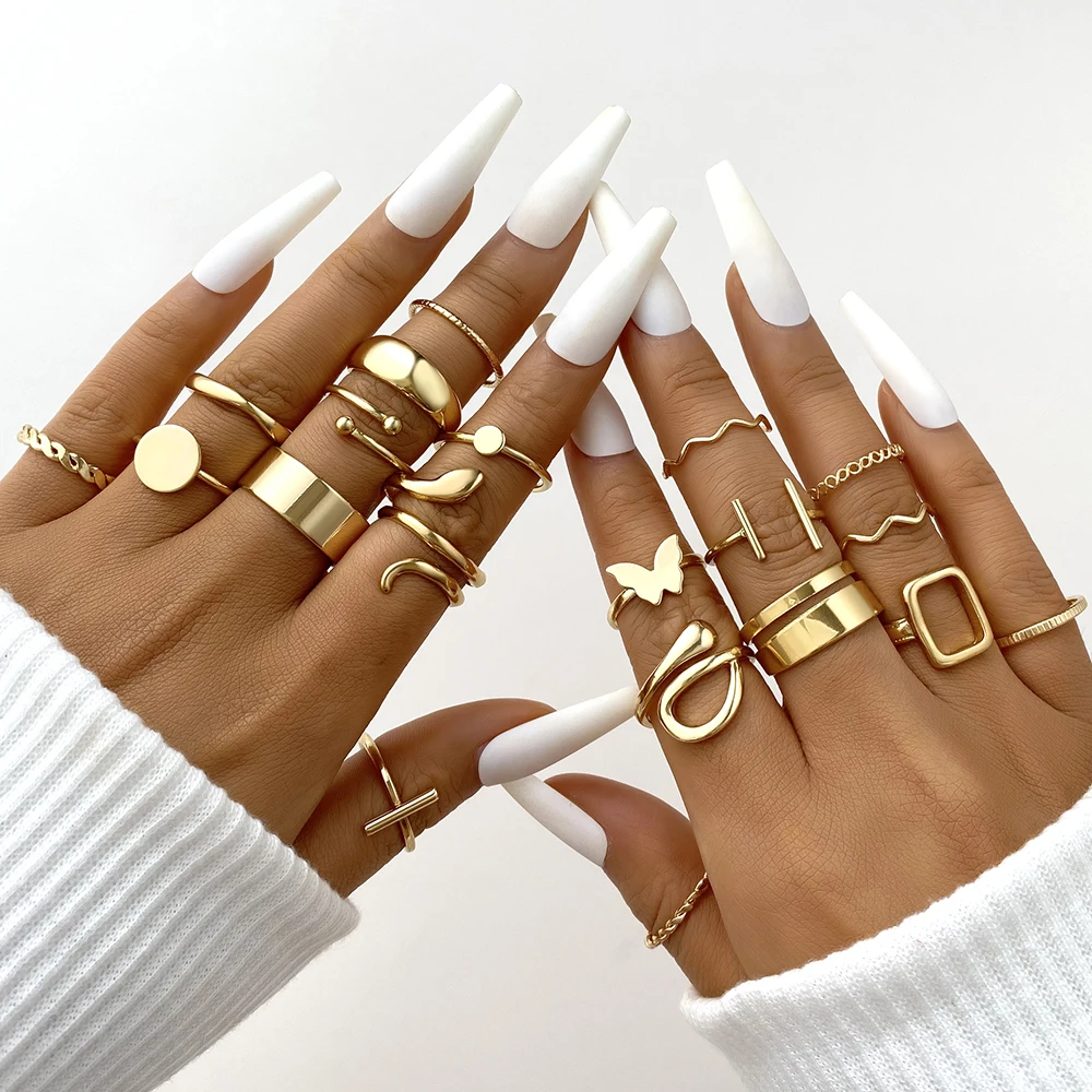 17KM Vintage Gold Color Snake Ring Set  20Pcs/Set Geometric  Butterfly Adjustable Rings for Women Girls Fashion New Jewelry Gift