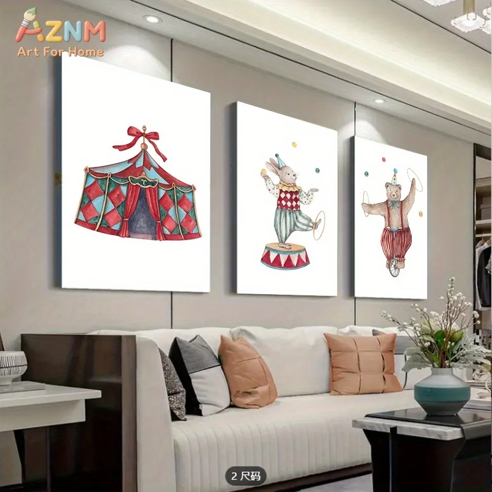AZNM Watercolor Circus Tent Bear Rabbit Clown Canvas Wall Art, Cute Cartoon Animal Juggling Unicycle Print Poster, Unframed Sing