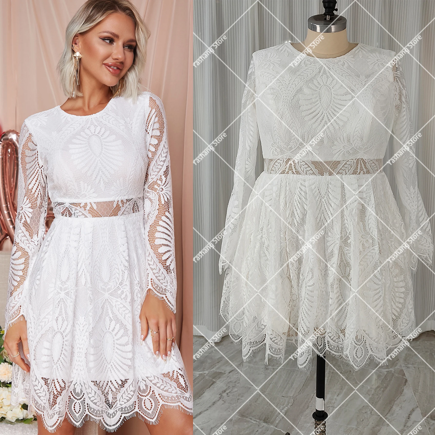 Mini Boho długie rękawy zapiekanka koronkowa letnia suknia ślubna jednoczęściowe dostosowane iluzja talia powyżej kolan eleganckie suknie ślubne