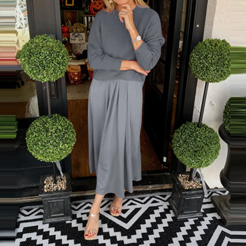 Abiti larghi drappeggiati alla moda Elegante gonna lunga senza maniche con scollo a O e maglioni Set top Abiti casual a maniche lunghe da donna Solid 2 pezzi