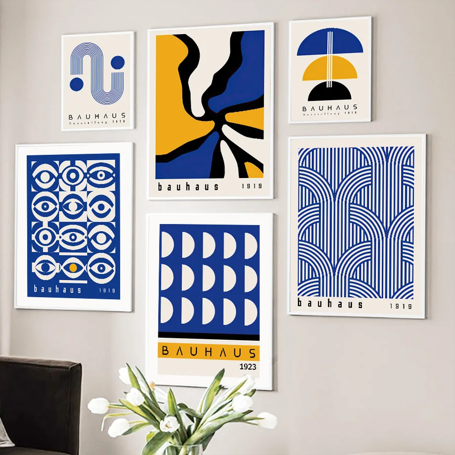 Mid Century Modern Blue Bauhaus Canvas Paintings Abstract Geometry Wall Art Posters And Prints for Hotel Living Room Home Decor