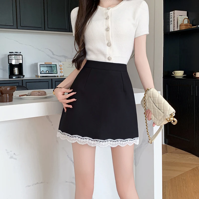 New Korean 2026 Versatile Preventing Girls Mini Skirts Females High Waist Solid A Line Sexy Lace Patchwork Suit Casual Hip Skirt