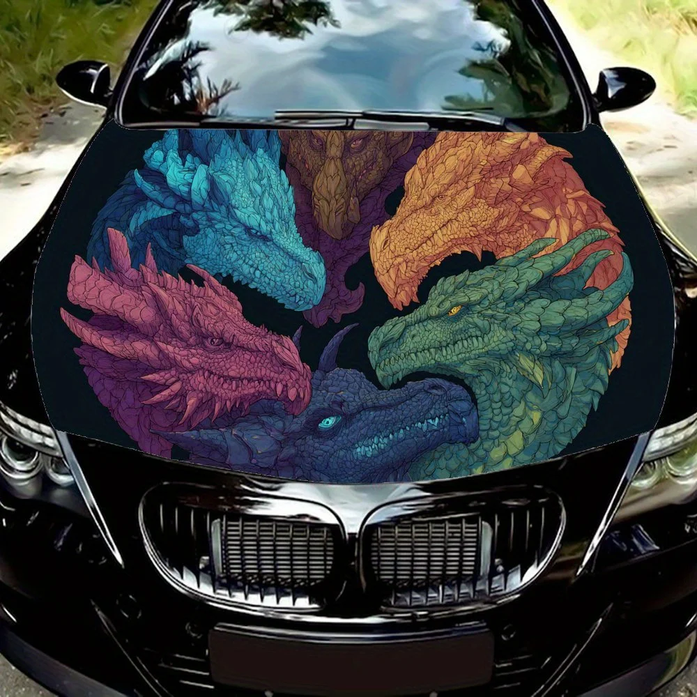 Colorful Dragon Silhouette Print PVC Car Vinyl Wraps, Self-Adhesive Waterproof Car Hood Decal Sticker, Car Decoration Protection