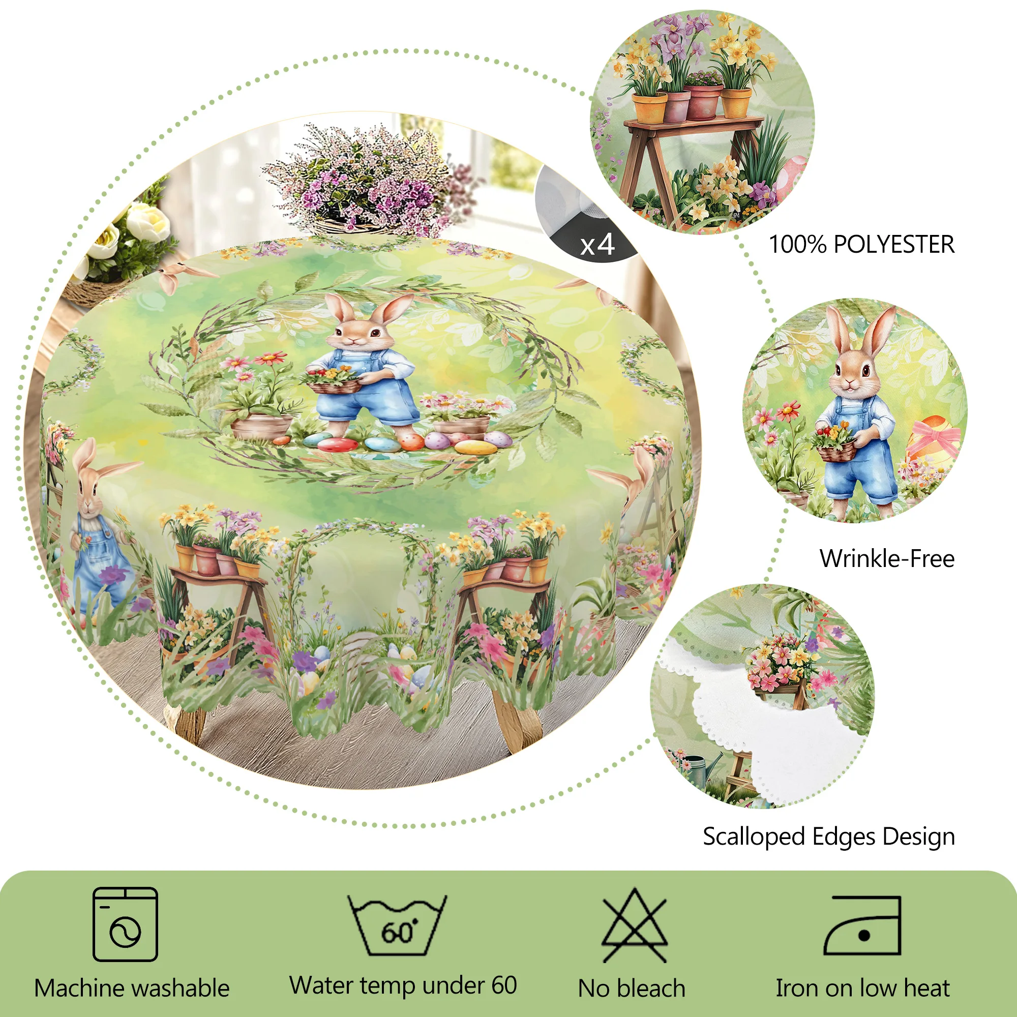 1 Easter Round Tablecloth, 5 Sizes Available, Retro Style Garden Easter Bunny Egg Print Tablecloth, Edge Embossing Process, Spring Garden Tablecloth