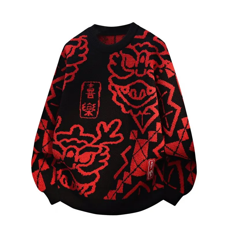 2026 Trendy Brand Autumn/Winter Red Round Neck Sweater Men's Lazy Style Fashion Retro Warm Woolen Sweater M-4XL