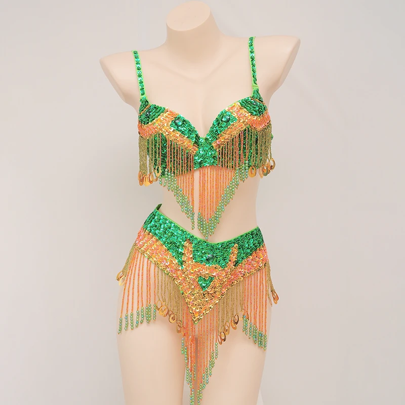 Green belly dancer outfit belly dancer clothes oriental bellydance costume belly dance suit dance bra belt tassel bra and belt