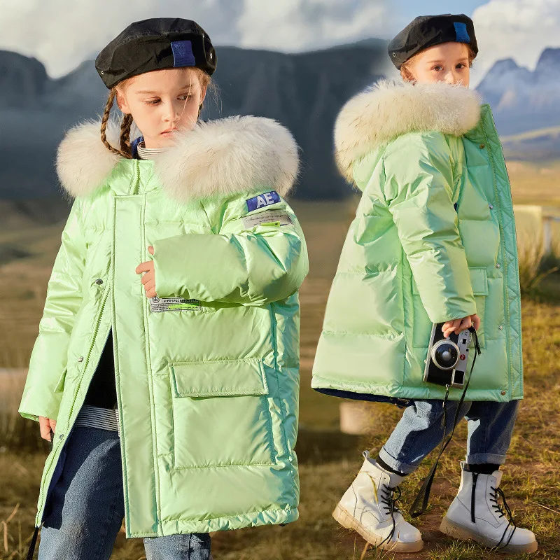 New children's waterproof down jacket Girls winter fashion warm thick coat Boys black casual cold-proof hooded jacket Fur collar