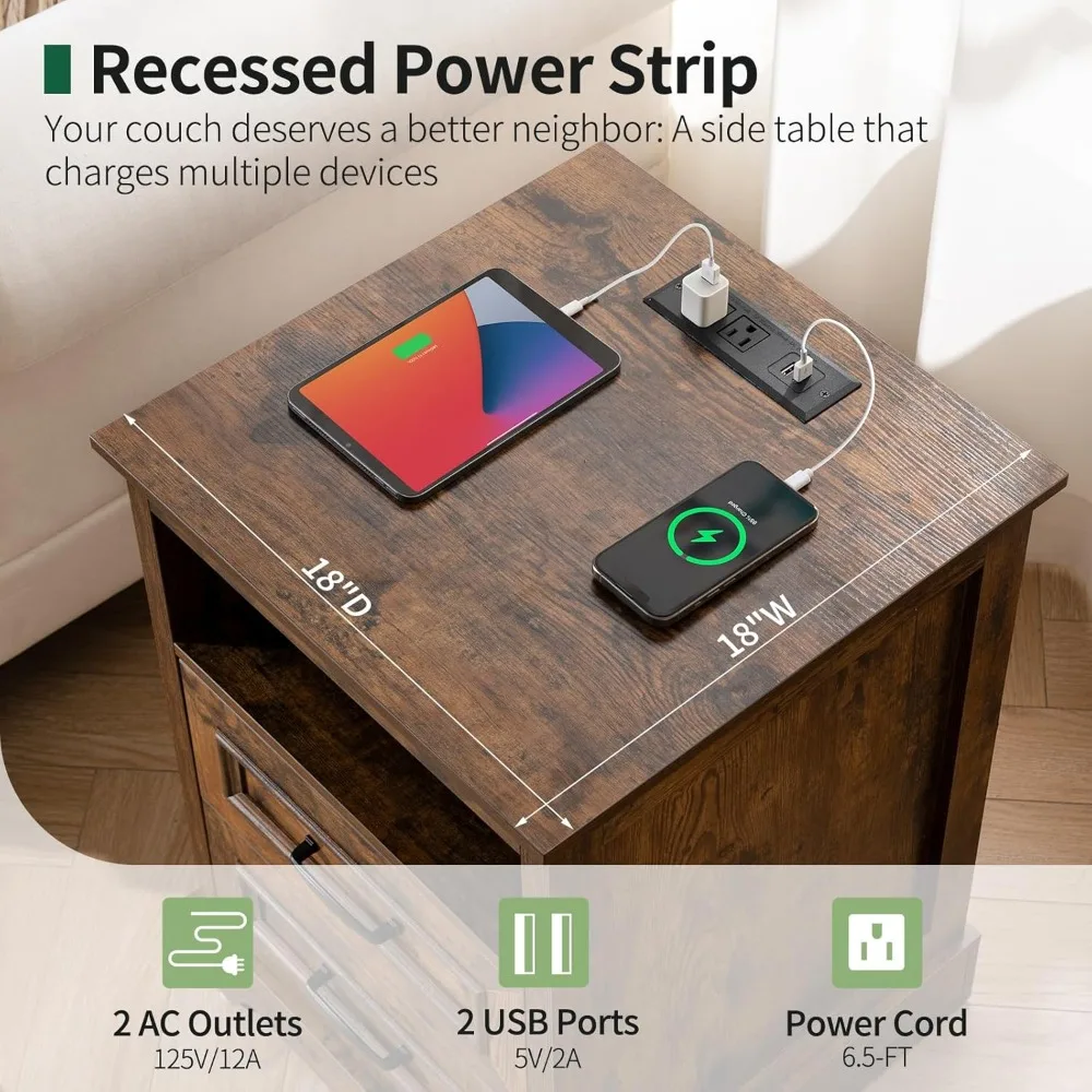 منضدة خشبية لمحطة شحن مع أدراج ورف تخزين مفتوح، وطاولة بجانب السرير لأسلوب المزرعة الحديثة #5