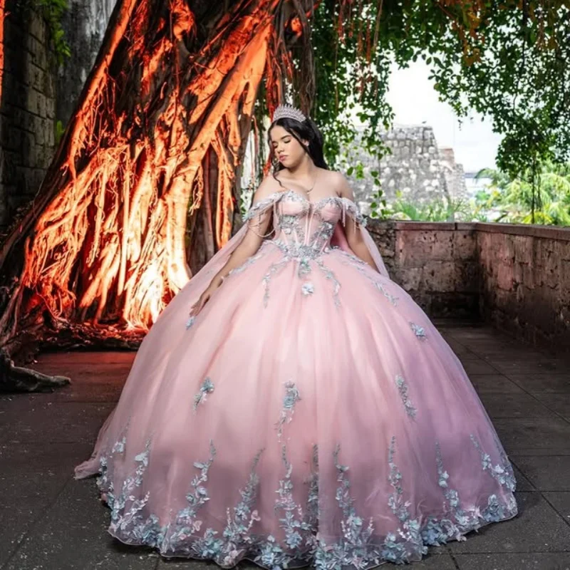 Vestido rosa para quinceañeras con hombros descubiertos, encaje con cuentas, purpurina, calcomanía de flores 3D, vestidos con lazo de 15 quinceañeras ﻿ Personalizado