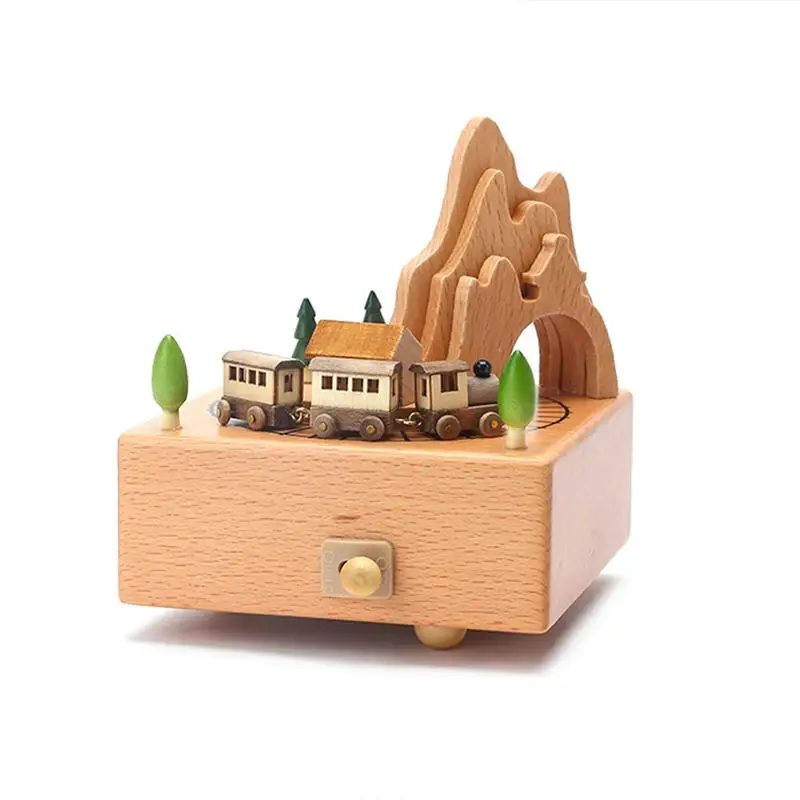 AUGKUN Zakka Carousel Musical Boxes Wooden Music Box Wood Crafts Retro Birthday Gift Vintage Home Decoration Accessories