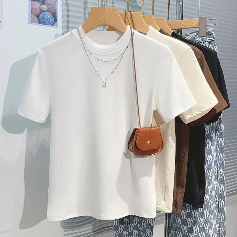 Zjaiss 2026 Koreanischer Stil Einfarbiges Stehkragen-Kurzarm-Damen-T-Shirt – Schmal geschnittenes, vielseitiges, figurformendes Basic-Oberteil für Freizeit