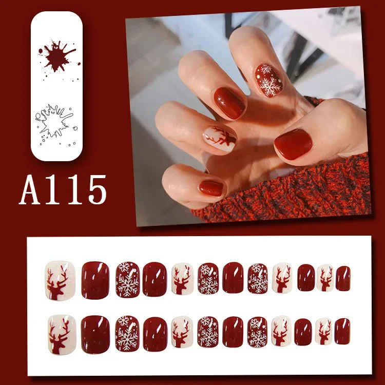 24Pcs Wearable Fake Nails Finished Christmas Collection Short Flat False Nails Art Removable Full Coverage Press on Nail Tips