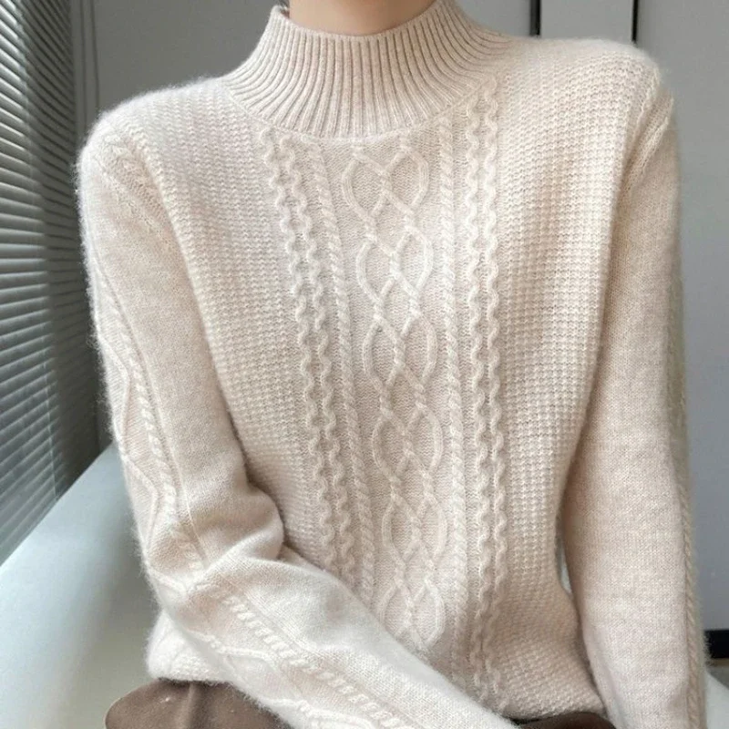 2024 Autumn and Winter New Women Sweater Warm Cashmere Sweater Loose Large Size Top Half Turtleneck Knitted Bottoming Shirt