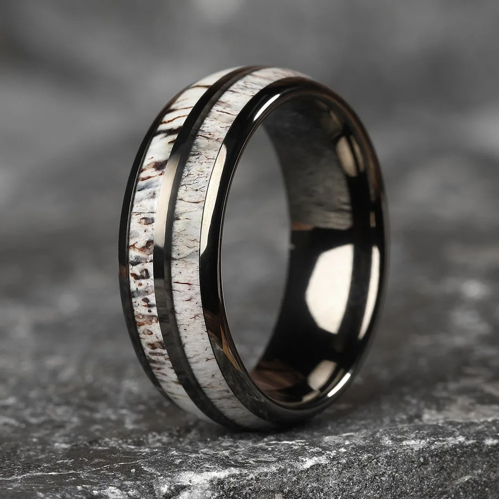 2023 Fashion 8mm Deer Antler Black Titanium Steel Rings For Men Women Nature Forest Elk Antler Wedding Ring Men Wedding Band