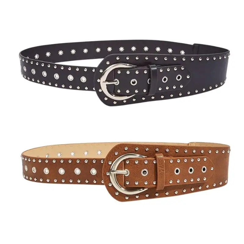 Schwarzbrauner Retro-Vintage-Nietengürtel mit Nieten-Design, Y2k Damen-Taillengürtel, schicker Punk-PU-Leder-Gürtel für Kleider und Jeans, Damen-Taillenband – Detail 7