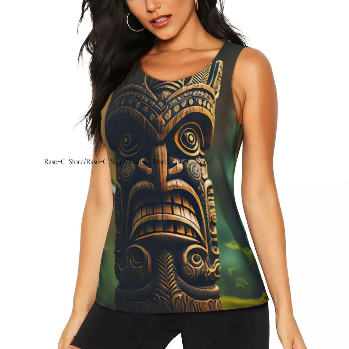 

Women's Sleeveless Yoga Tank Top Forest Spirits Totem Head Of Tiki Mask In Forest Quick Dry Training Sports Vest Yoga Shirts