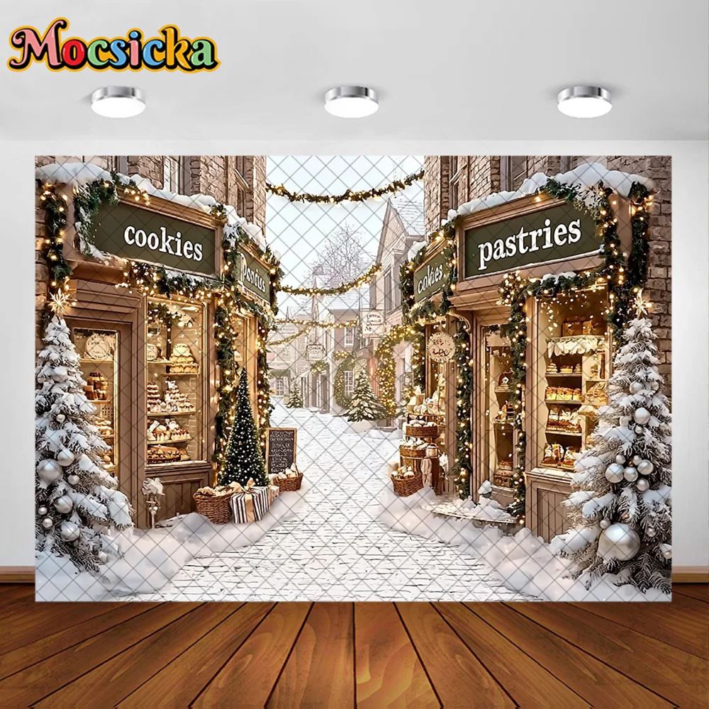 Mocsicka Photography Backdrop Christmas Street Winter Town Cookies Shop Decoration KIds Xmas Holiday Party Portrait Studio Prop