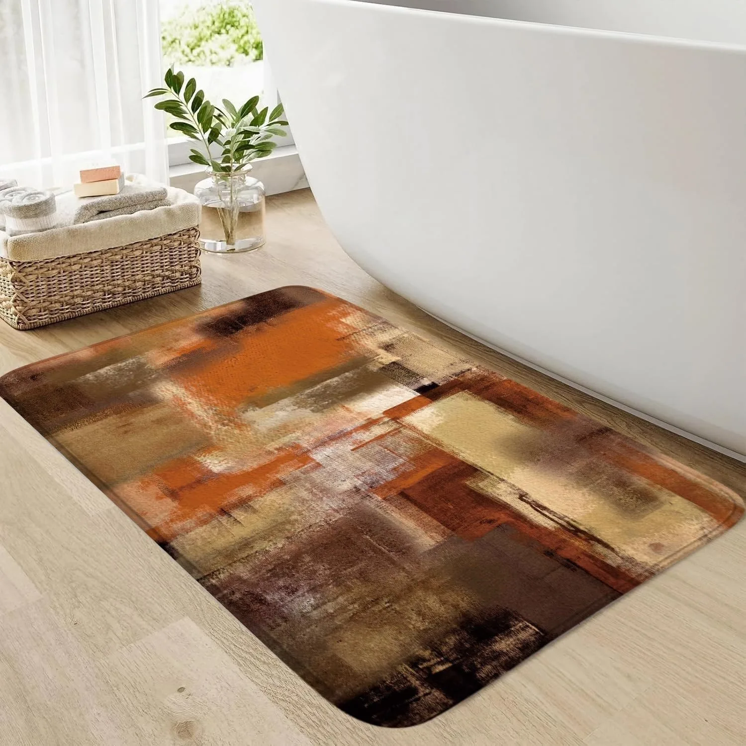 Orange Brown Abstract Oil Painting Art Pattern Printed Non Slip Flannel Floor Mat Home Decor Rug