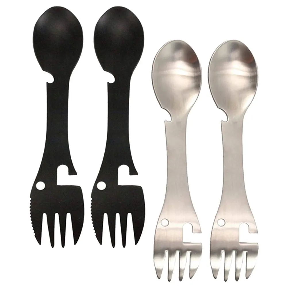 

4Pcs Stainless Steel Cutlery Durable Lightweight Multifunction Camping Hiking Gadgets Spork Bottle Opener Can Utensils Picnic