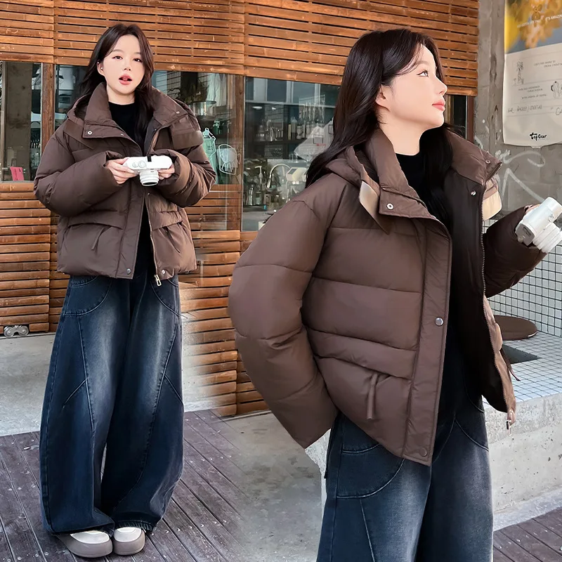 

Hooded Women Parkas Jackets Oversize Short Coats Solid Turn Down Collar Zipper Loose Fit Thick Office Lady Casual 2025 Winter