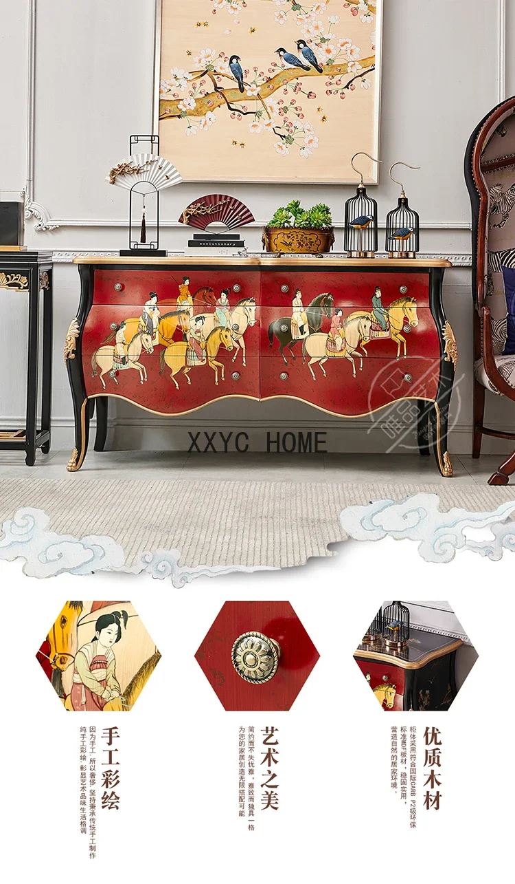 Household Solid Wood China Retro National Trend New Chinese Hand Painted Character Living Room Lobby Hallway Cabinet