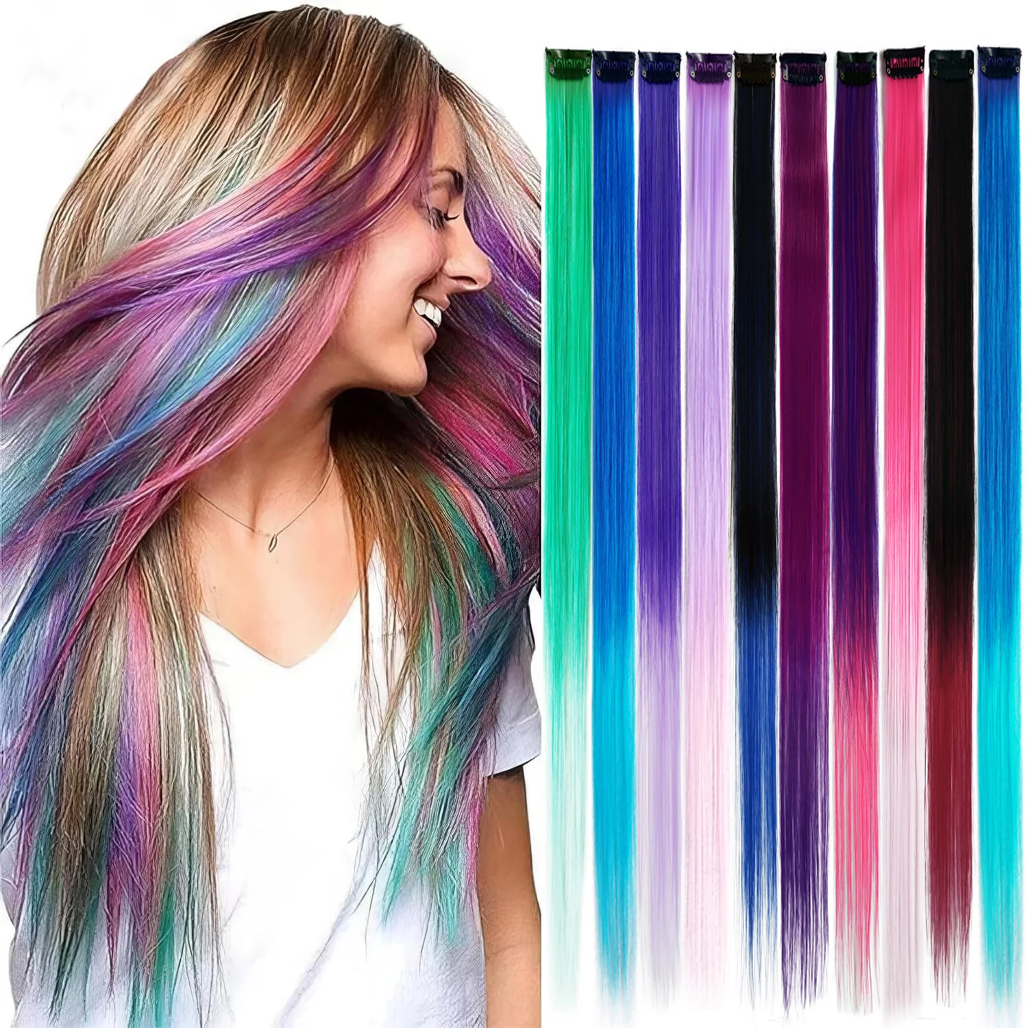 10Packs Straight Colored Clip In Hair One Piece Long Synthetic Rainbow 22 Inch Party Highlights Extensions For Women Kids Girls