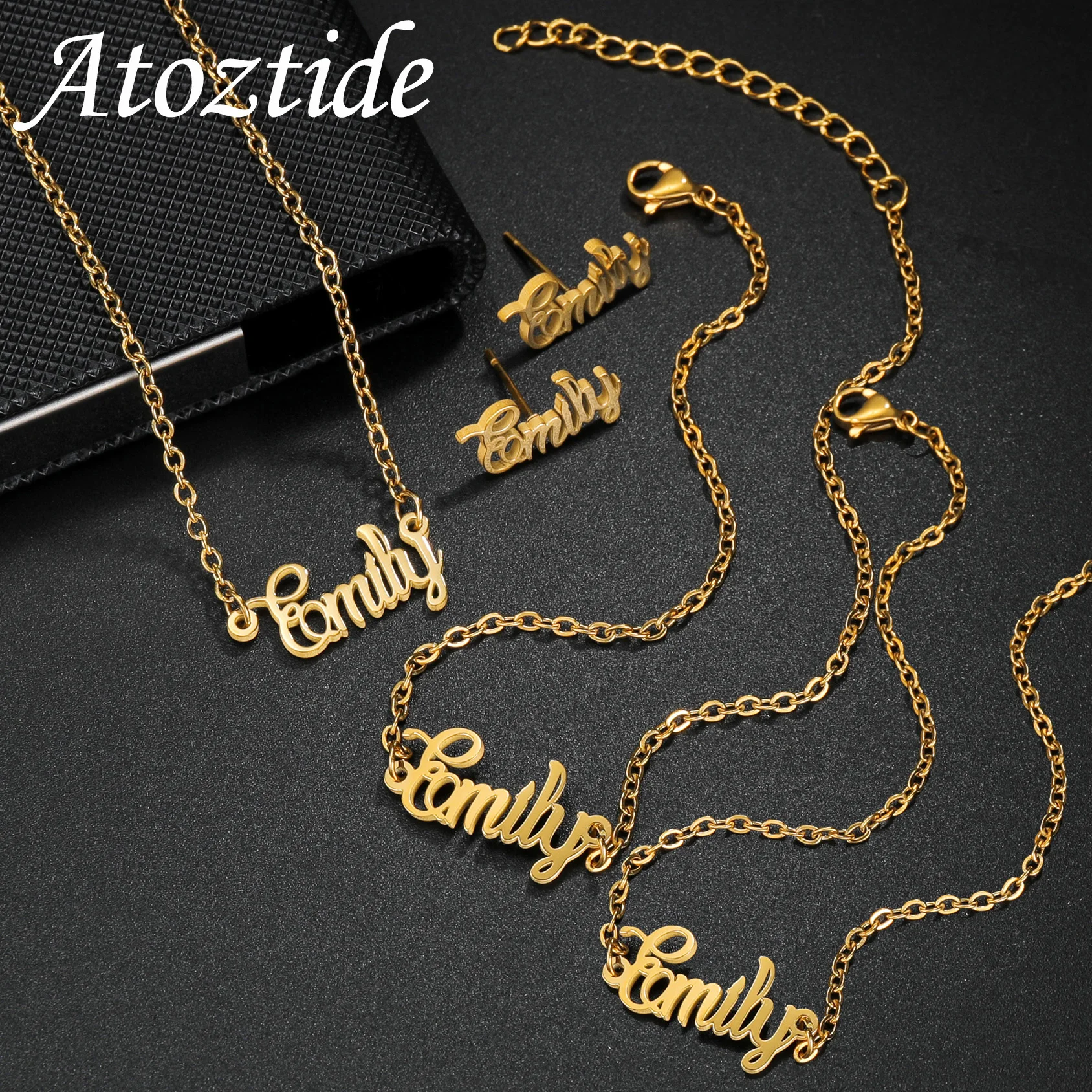 Atoztide Personalized Custom Name Jewelry Set Bracelet Necklace Rings Stud Earring Stainless Steel for Women Men Birthday Gifts