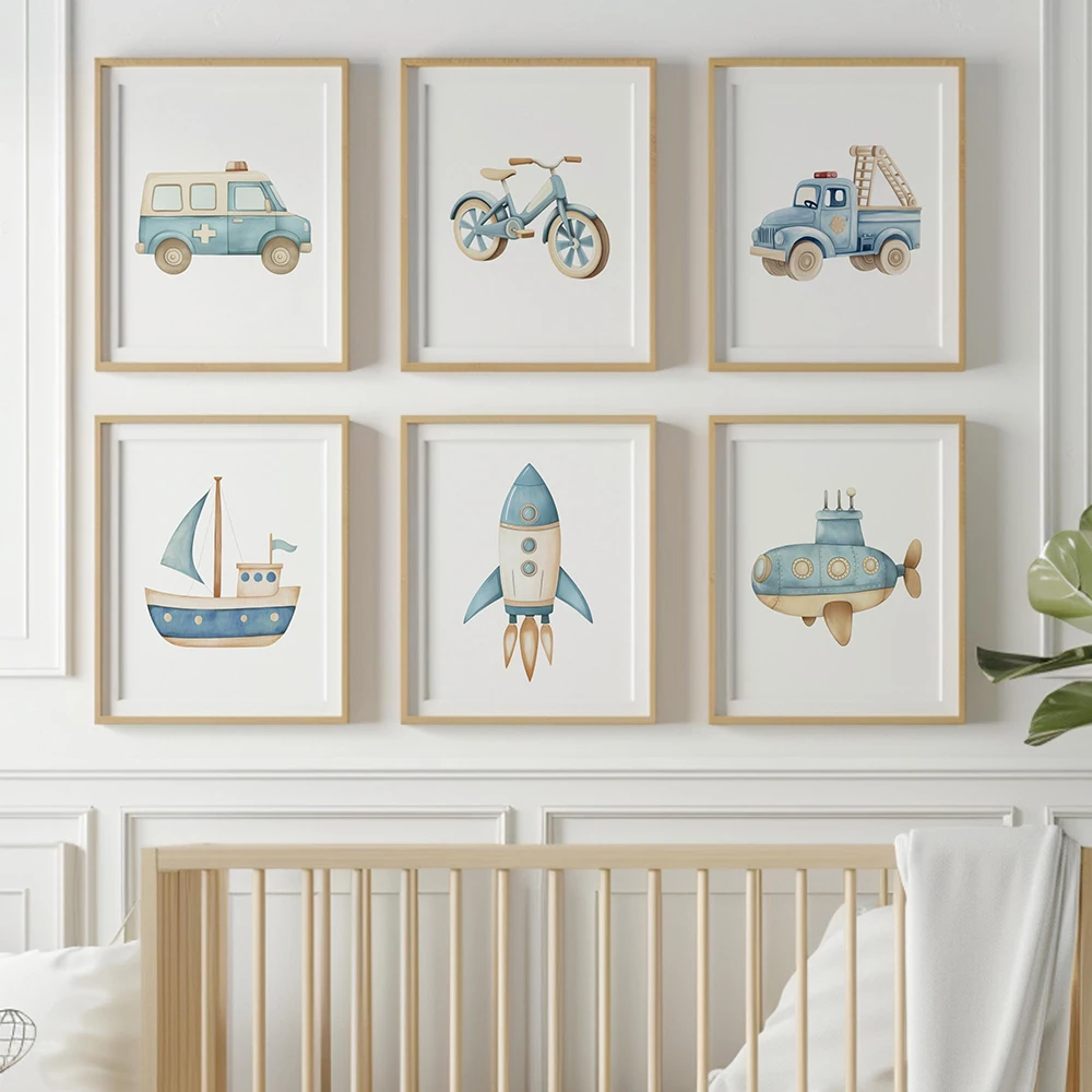 6pcs Vehicle Art Prints Poster Nursery Wall Art Decor Transportation Nursery Decor Car Plane Train Boat Hot Air Balloon Prints