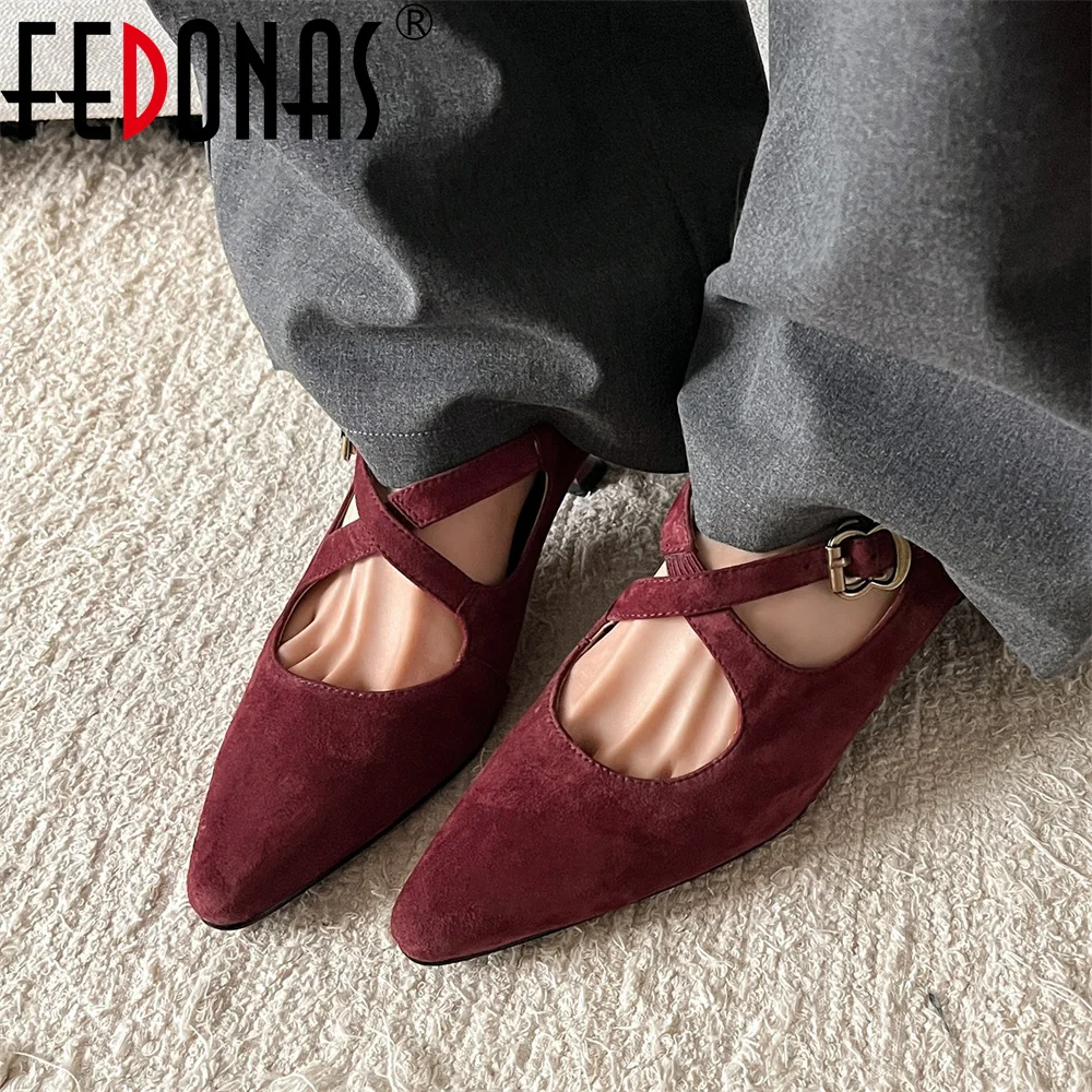 FEDONAS Retro Women Suede Leather Pointed Toe Pumps Buckles Spring Summer Party Wedding Shoes Woman High Heeled Prom Pumps