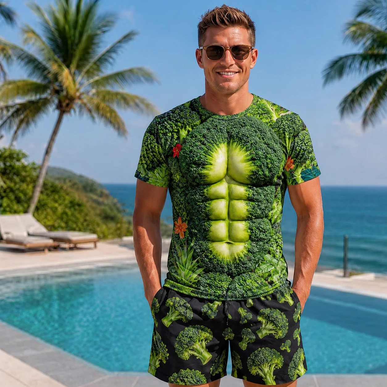 Men 3D Fake Six Pack Abs Eggplant Print T Shirt Funny Vegetable design Summer Casual Vacation hawaiian tee shirt top