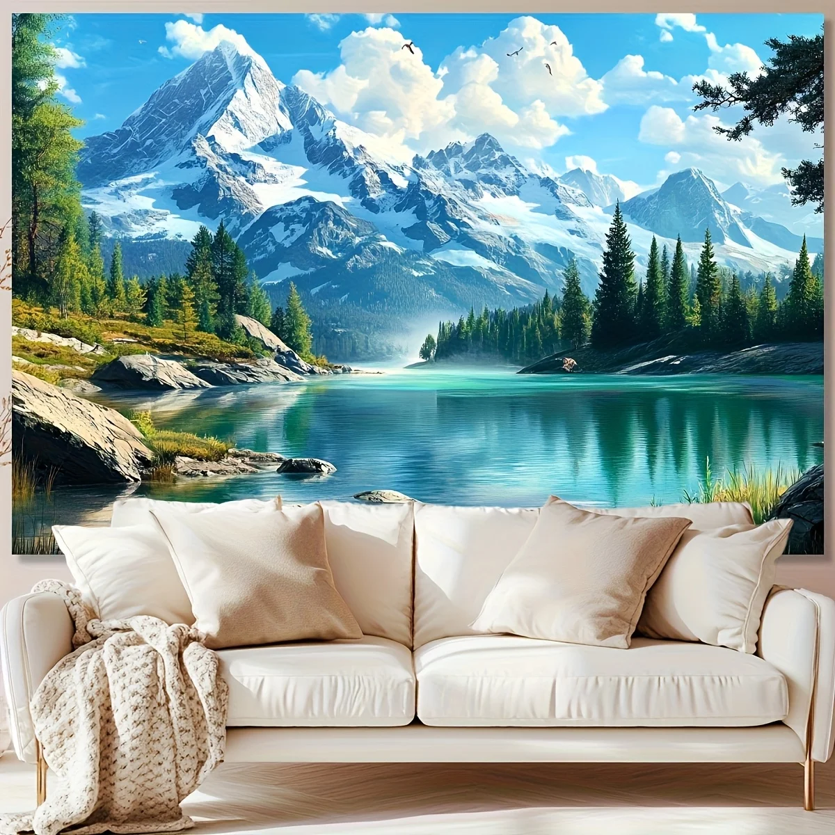 Snow Mountain Lake Tapestry Wall Hanging Forest Landscape Art Fabric Poster for Living Room Bedroom Home Decor Aesthetic