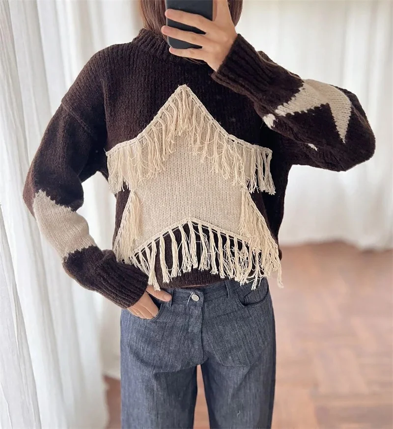 Autumn Winter Fashion Women's Long Sleeve Fringe Tassel Knit Sweaters Women Pullover Top Sexy Bikini Cover-up Casual Blusa