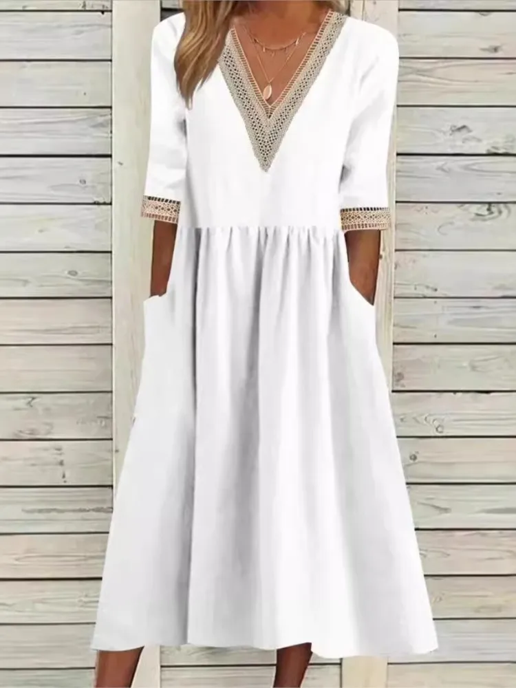 Loose Lace Splicing V Neck Half Sleeve Long Dress Women Solid Cotton Linen Dresses Female Srping Summer Pocket Robe Femme