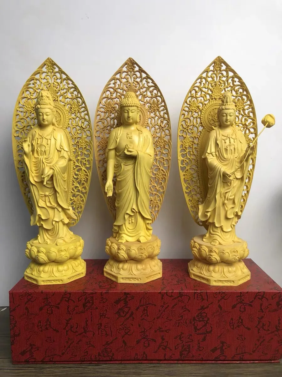 3PCS  High grade wood carving All-powerful Three Sages XI FANG SAN SHENG Buddha statue home Temple efficacious bless Talisman