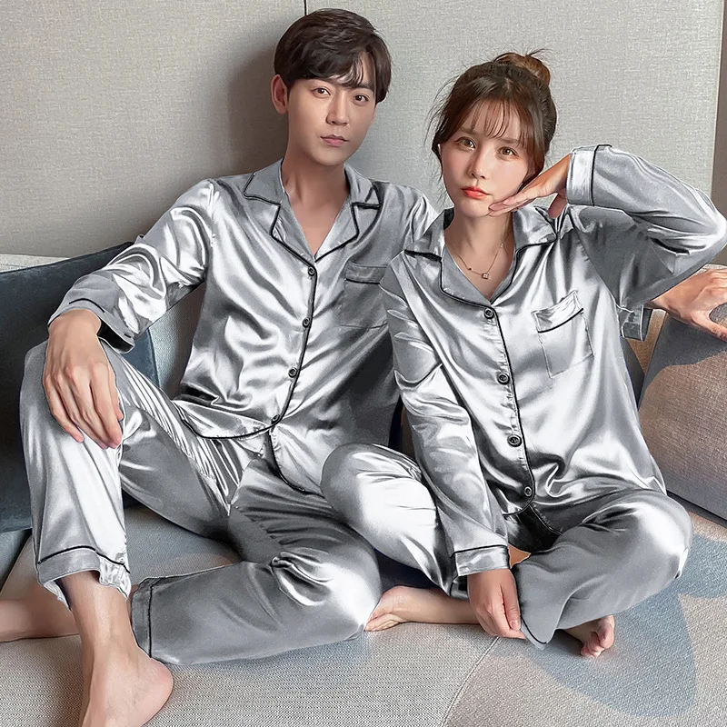 Couple Pajama Sets For Mens Pyjama Loungewear Long Sleeve Sleep Plus Size Pj Trousers Satin Pajamas Sleepwear Lover Silk Pijamas