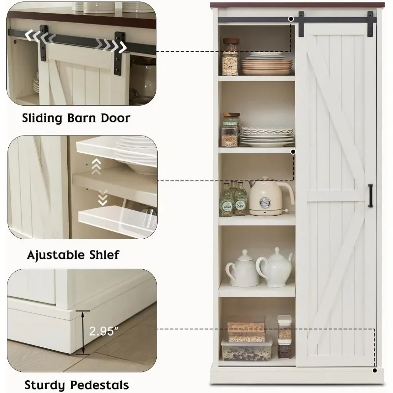 Grande armoire de rangement de ferme, grand garde-manger de cuisine avec portes de grange coulissantes et étagères réglables