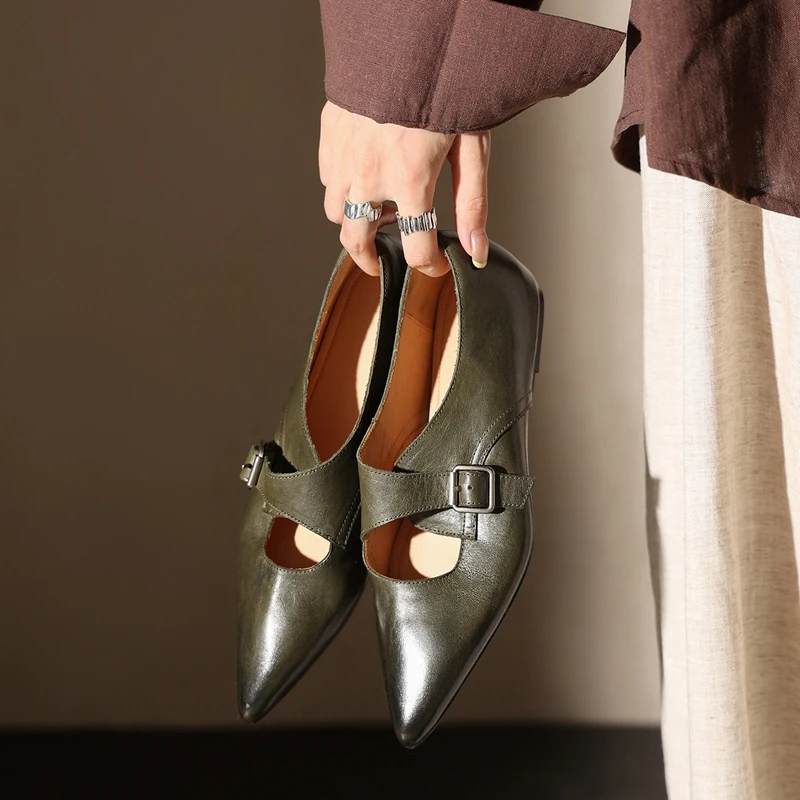 Spring Autumn Genuine Leather Women Shoes Fashion Retro Pointed Toe Shoes for Women Low Heels Handmade Women Pumps Ladies Shoes