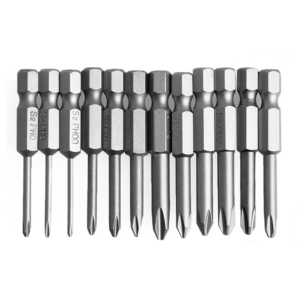 Brocas magnéticas de destornillador, vástago hexagonal de 50mm, cabeza cruzada, broca eléctrica de 1/4 pulgadas, aleación de acero, PH, 12 piezas